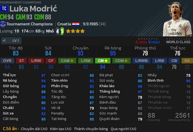 Luka Modric TC FIFA Online 4 – tiền vệ trung tâm xuất sắc bậc nhất