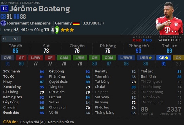 Phân tích các chỉ số của J.Boateng TC trong FIFA Online 4