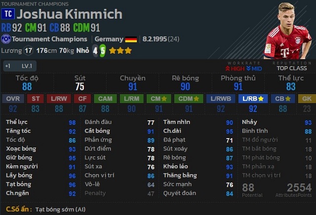 Đánh giá chỉ số của Kimmich TC trong FIFA Online 4