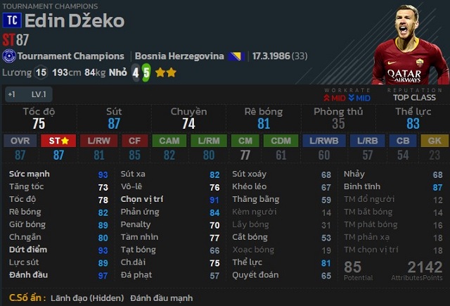 Đánh giá chàng tiền đạo toàn diện Dzeko TC trong game FIFA Online 4
