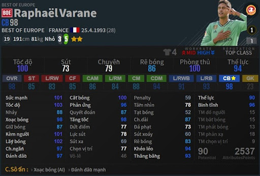 R. Varane BOE - Đội hình FO4 mạnh nhất